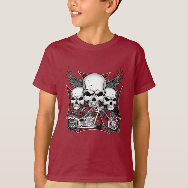 Camiseta Tres cráneo con motocicleta de helicóptero rojo T- (Anverso)