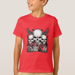 Camiseta Tres cráneo con motocicleta de helicóptero rojo T-