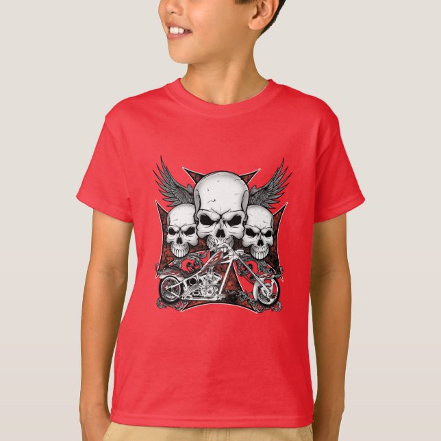Camiseta Tres cráneo con motocicleta de helicóptero rojo T- (Anverso)