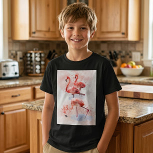 Camiseta Tres Flamingos Rosas en Impresión de Arte en Acuar