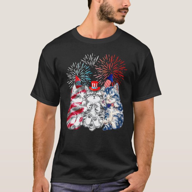 Camiseta Tres Gato 4 De Julio Bandera Estadounidense Gato P (Anverso)