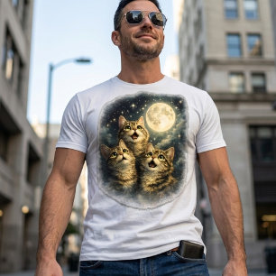 Camiseta Tres Gatos Atigrados Aullando a la Luna Llena Homb