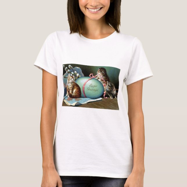 Camiseta Tres gatos y huevo de Pascua azul grande (Anverso)