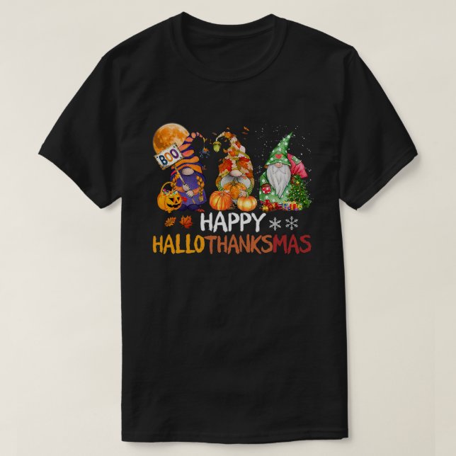 Camiseta Tres Gnomes Feliz Halloween Caída Candy Corn Pumpt (Diseño del anverso)