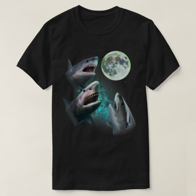 Camiseta Tres grandiosos tiburones blancos en Moon 3 Wolfs  (Diseño del anverso)