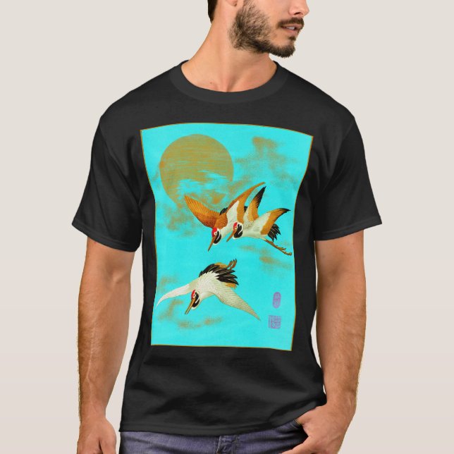 Camiseta Tres grullas de sari volando frente a la luna (Anverso)