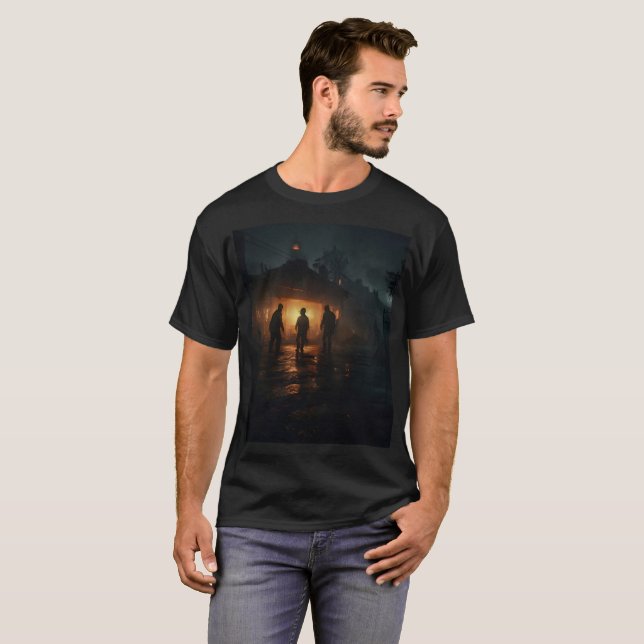 Camiseta tres hombres caminando bajo la lluvia con una luz (Anverso completo)