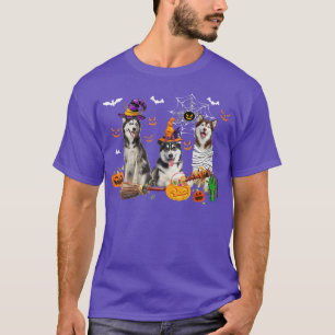 Camiseta Tres Husky Dogs Bruja Halloween Mummy Scary Pumpk