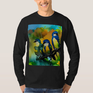 Camiseta Tres lindos pájaros coloridos en arte de acuarela
