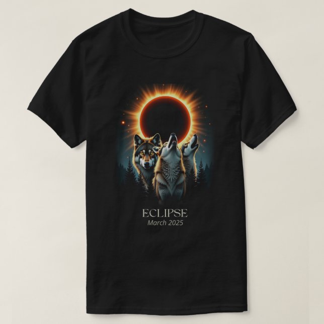 Camiseta Tres lobos y eclipse solar, animal lobo forestal (Diseño del anverso)