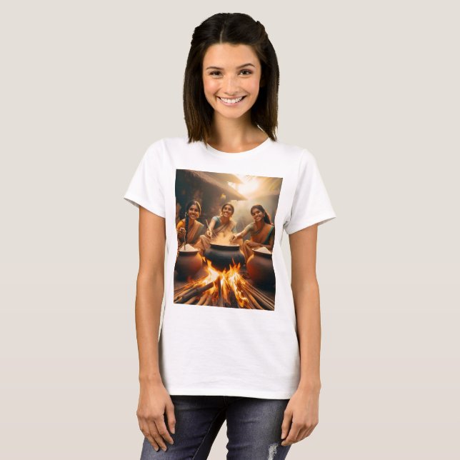 Camiseta tres mujeres sentadas alrededor de un incendio con (Anverso completo)