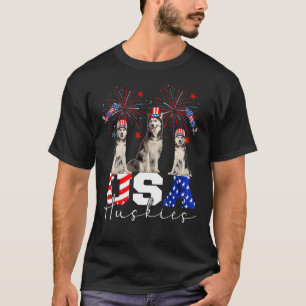 Camiseta Tres perros estadounidenses Huskies con la bandera