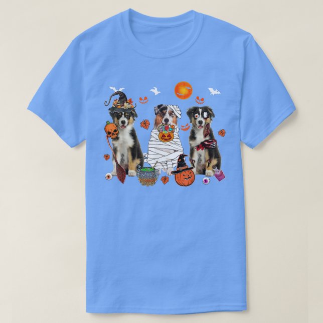 Camiseta Tres perros pastores australianos de bruja miedo m (Diseño del anverso)