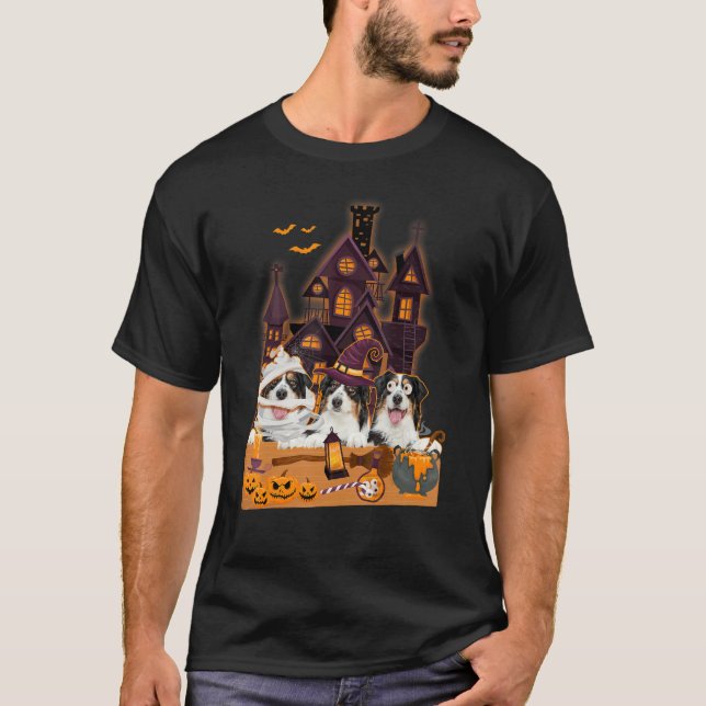 Camiseta Tres perros pastores australianos de bruja miedo m (Anverso)