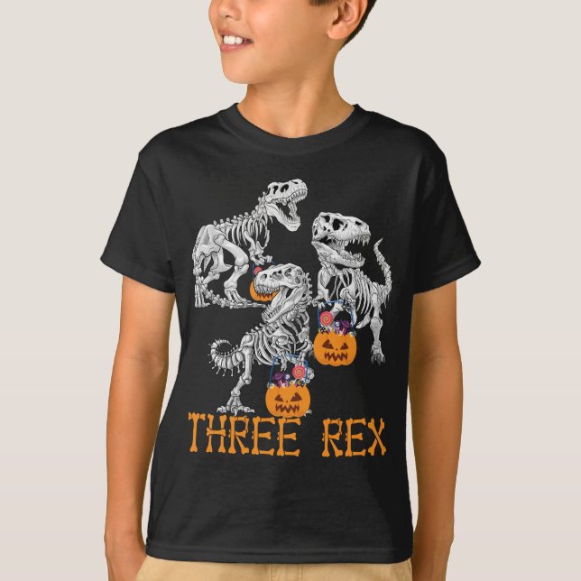 Camiseta Tres Rex Dinosaur Skeletain Halloween de 3 años (Anverso)