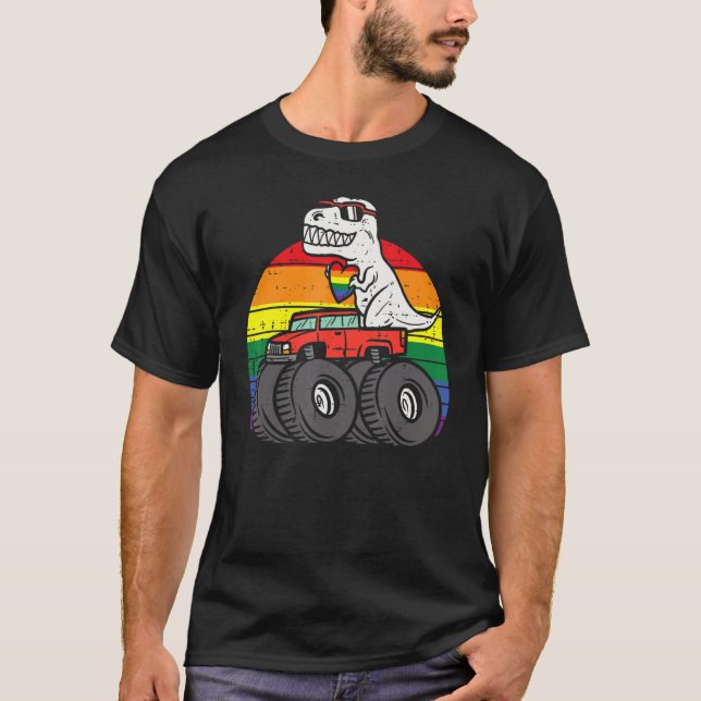 Camiseta Trex Monster Camión Arcoiris Gay Sunset Retro Lgbt (Anverso)