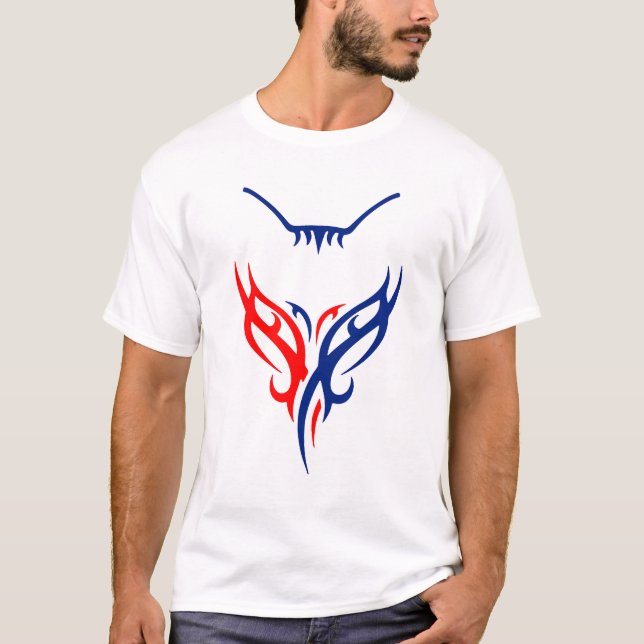 Camiseta Tribal Cat Design - Red and Blue Abstract T-Shirt (Anverso)
