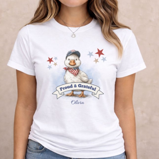 Camiseta Triblenda 4th of July Patriotic Animal (patriotic women t-shirt with duck illustration and Proud and Grateful name design)