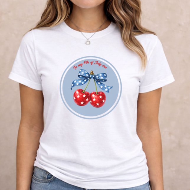 Camiseta Triblenda 4th of July Patriotic Cherry (patriotic women t-shirt with cherry bow 4th of July design on neutral background)