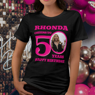 Camiseta Triblenda 50.ª foto de cumpleaños y texto rosa de nombre