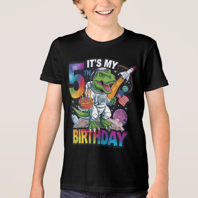 Camiseta Triblenda 5.º cumpleaños Astronauta de Dinosaurios T-Rex niñ (Anverso)