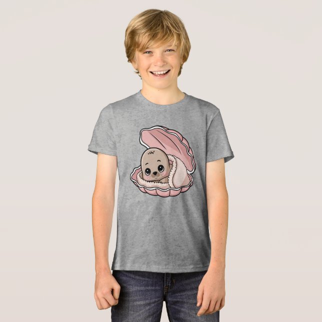Camiseta Triblenda Acogedora foca de bebé en una concha rosa (Anverso Completo)