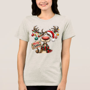 Camiseta Triblenda Adornos divertidos de Reno con letrero de Feliz Na