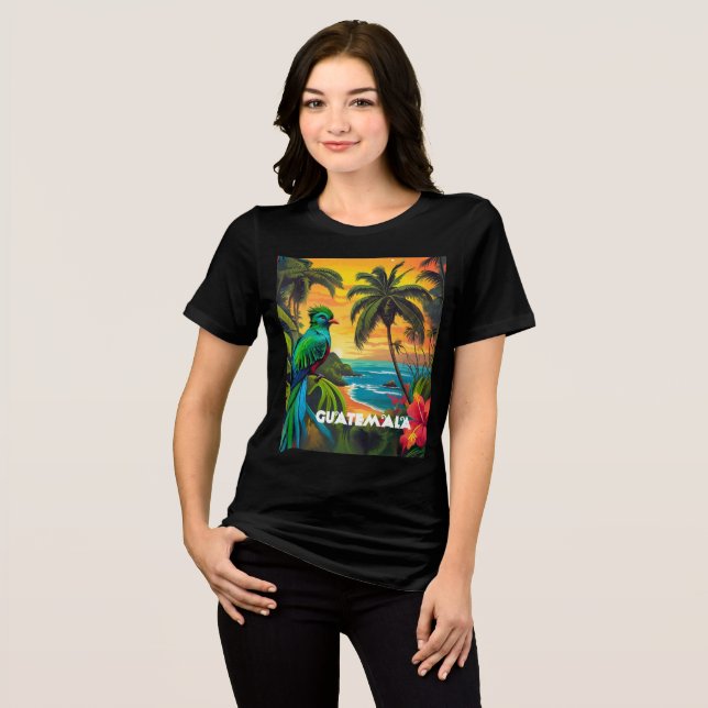 Camiseta Triblenda Afiche Quetzal de Viaje de Guatemala (Anverso Completo)