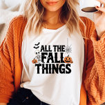 Camiseta Triblenda All Fall Things Funny Halloween<br><div class="desc">¡Acepta la temible temporada con esta divertida camiseta de Halloween de "All Fall Things"! Con calabazas juguetonas, un esqueleto bonito y murciélagos espeluznantes, esta camiseta trinitense es perfecta para los amantes del otoño. Ya sea que te estés preparando para un festival de otoño o simplemente disfrutando de las vibraciones de...</div>
