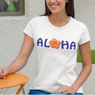 Camiseta Triblenda Aloha Naranja Tropical Hibisco Azul Tipografía