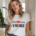 Camiseta Triblenda Amar el corazón de la tipografía moderna y simple<br><div class="desc">Love Italian Simple Modern Typography Heart Women's Fashion T-Shirt Top presenta el texto "Amore" en una simple tipografía de escritura negra acentuada con franjas coloridas y un romántico corazón de amor rojo. Perfecto como regalo para su El día de San Valentín, cumpleaños, Navidades, Día de la Madre, mejores amigos, hermanas...</div>