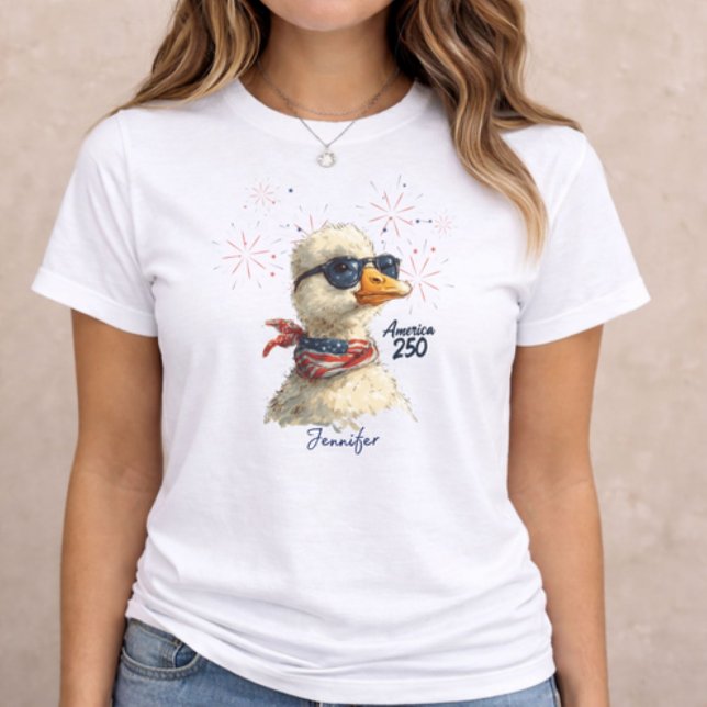 Camiseta Triblenda America 250 Patriotic Illustration (patriotic women t-shirt with America 250 duck illustration and personalized name design)