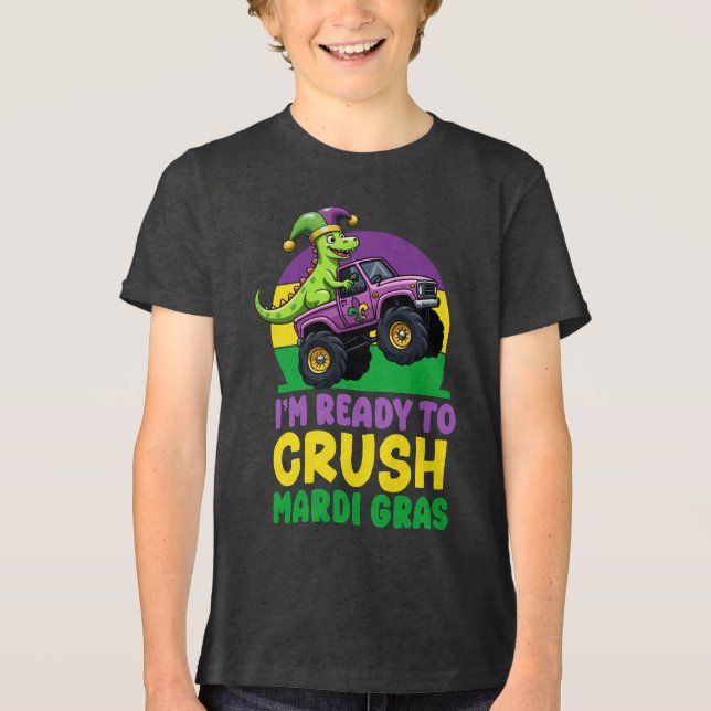 Camiseta Triblenda Aplastar el Monstruo del Mardi Gras Dinosaurio par (Anverso)