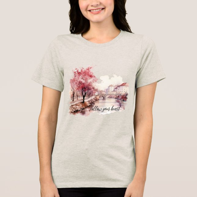 Camiseta Triblenda Árboles rosados de crema de borgoña (Anverso)