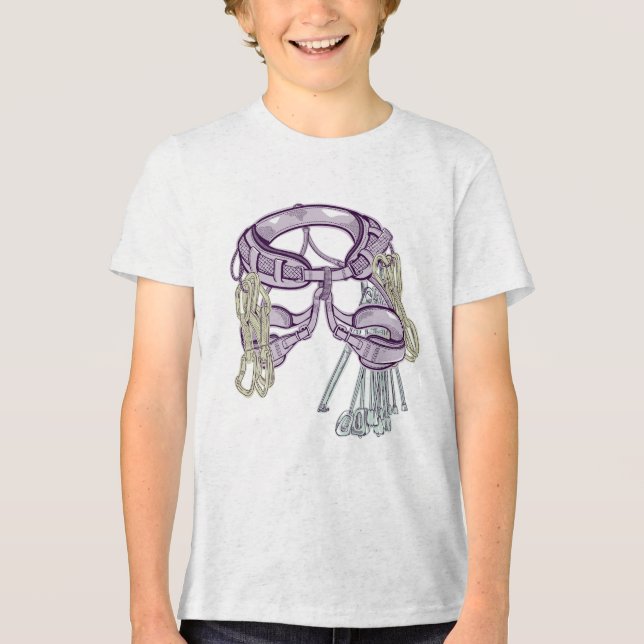 Camiseta Triblenda Arnés y equipo de escalada comercial (Anverso)