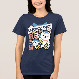 Camiseta Triblenda Arte de Gato Afortunado – Maneki Neko con Moneda d