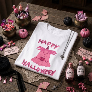 Camiseta Triblenda Arte Digital Coquette Pink Ghost Feliz Halloween