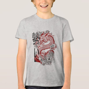 Camiseta Triblenda Arte floral del dragón rojo japonés