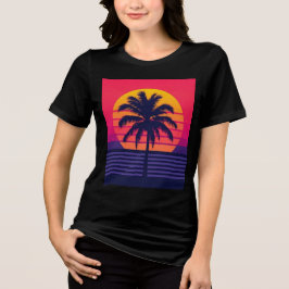 Camiseta Triblenda Arte Synthwave de Palma al Atardecer Retro de los 