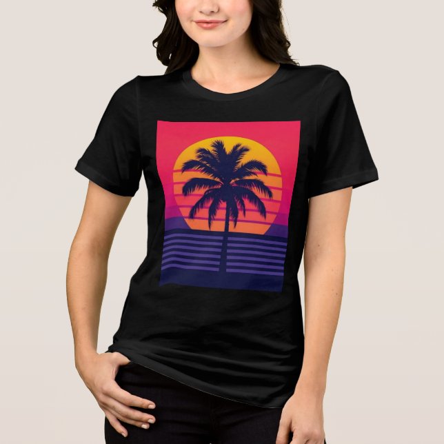 Camiseta Triblenda Arte Synthwave de Palma al Atardecer Retro de los  (Anverso)