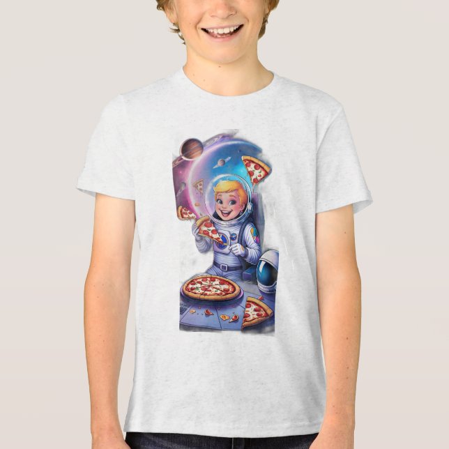 Camiseta Triblenda Astronauta comiendo pizza en el espacio. (Anverso)