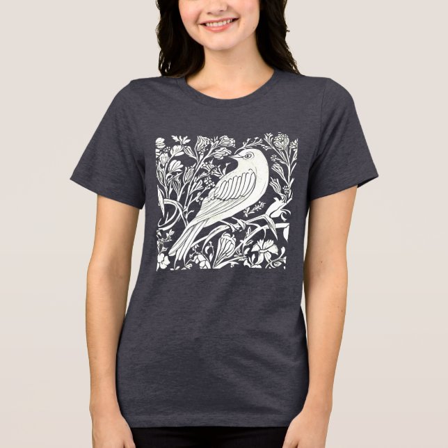 Camiseta Triblenda Ave Art Nouveau en una rama con flores de blanco (Anverso)