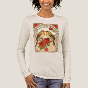 Camiseta Triblenda Aves Estilizadas y Rosas Rojas Art Nouveau