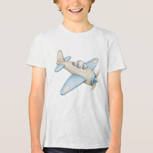 Camiseta Triblenda Avión de hélice de acuarela crema y azul