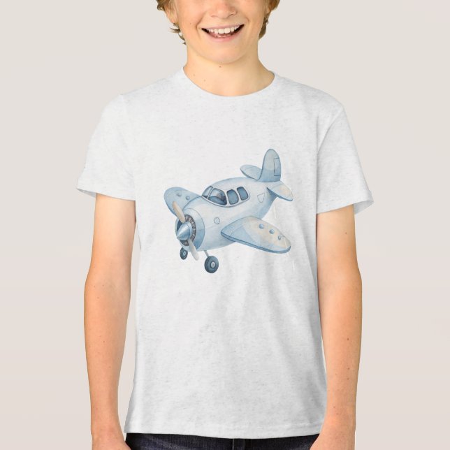 Camiseta Triblenda Avión moderno de hélice acuarela azul (Anverso)