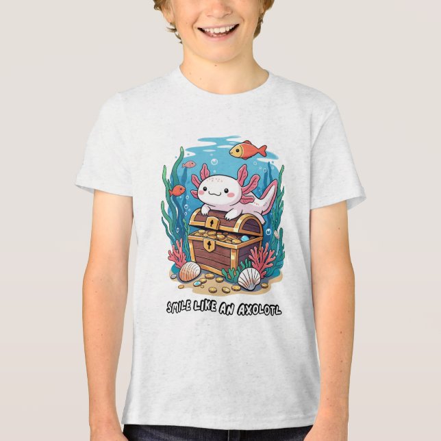 Camiseta Triblenda Axolotl sentado orgullosamente sobre un cofre del  (Anverso)