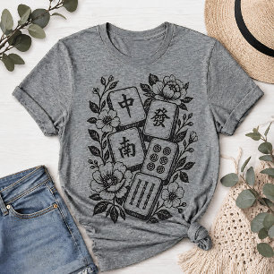 Camiseta Triblenda Azulejo Floral de Mahjong con Linograbado Retro