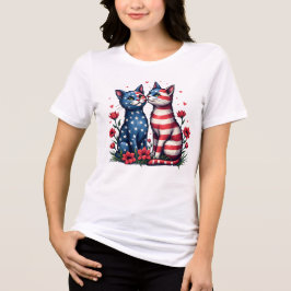 Camiseta Triblenda Bandera estadounidense de gatos y flores