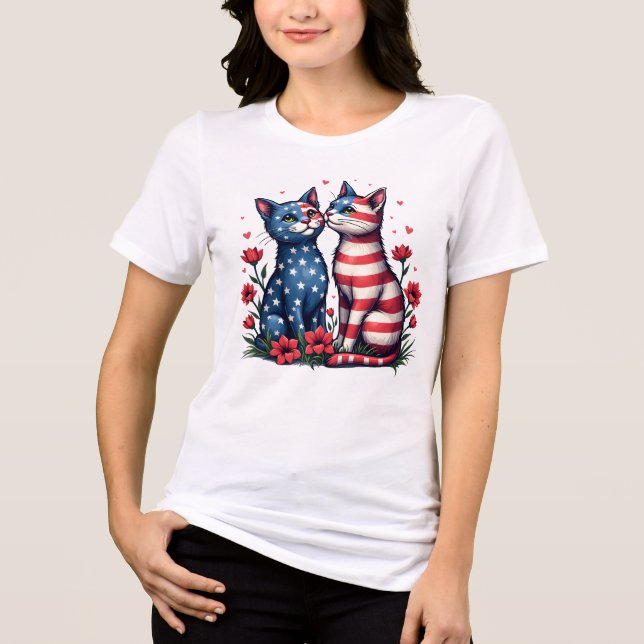 Camiseta Triblenda Bandera estadounidense de gatos y flores (Anverso)