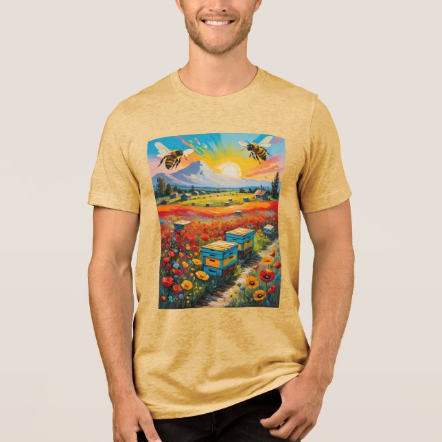 Camiseta Triblenda Bee Hives Poppies And Bees With Vibrant Sunrise (Anverso)